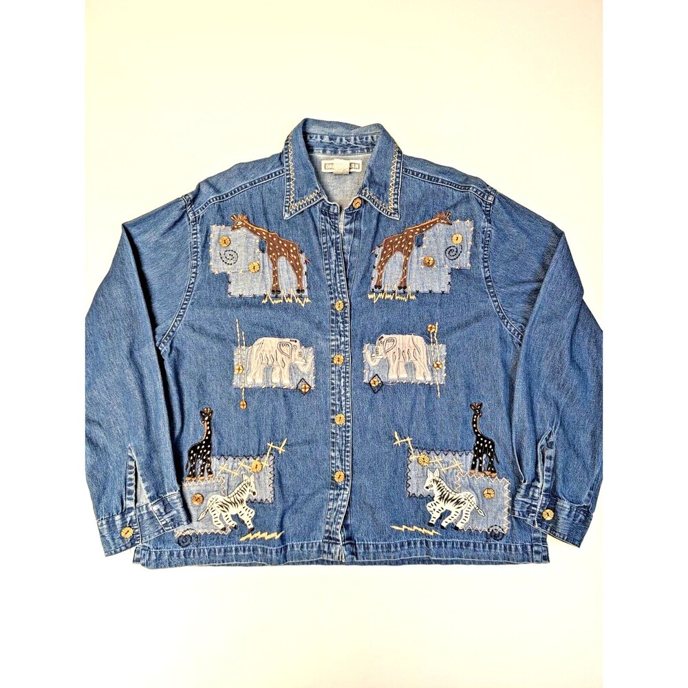 Vintage Dressbarn Elephant Patchwork Top Button Up Long Sleeve Size Large Denim